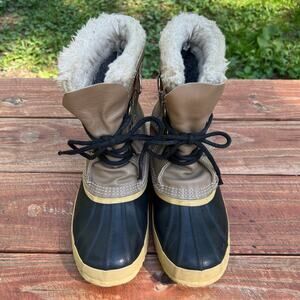 Vintage Sorel Manitou Duck Boots 7 Tan Black Wool Lined Canada Winter Snow Boots